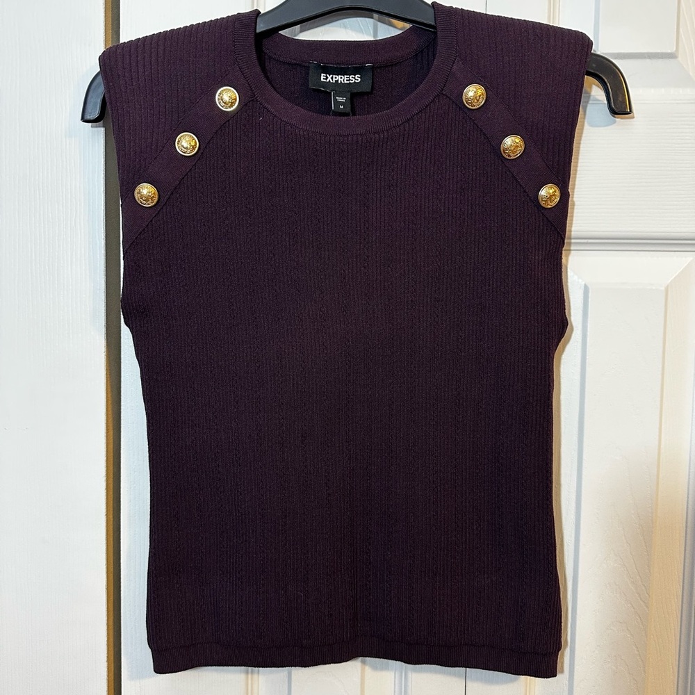 Express Deep Purple Knit Sleeveless Top with Gold Button Accent